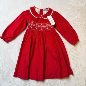 Les Petits Soleils Girls Red Corduroy Smocked Holiday Dress Peter Pan Collar 4T